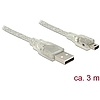 Delock USB 2.0-s kábel A-típusú csatlakozódugóval  USB 2.0 Mini-B csatlakozódugóval, 3 m, áttetsző (83908)